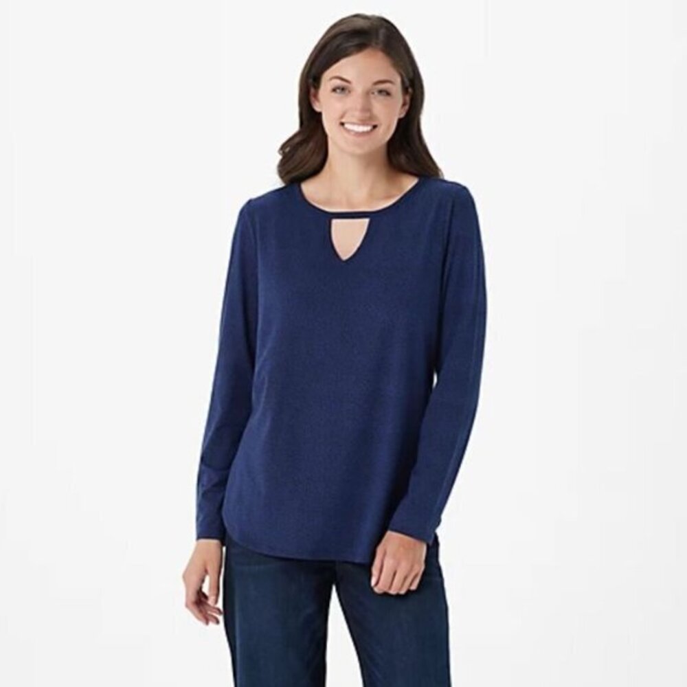 Elizabeth & Clarke Long-Sleeve Top w/‎ Keyhole & StainTech Navy Blue Medium